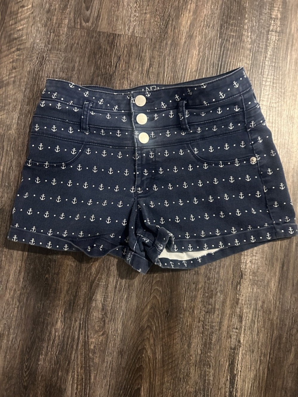 American Eagle Outfitters Navy Denim Shorts with White Anchor Print